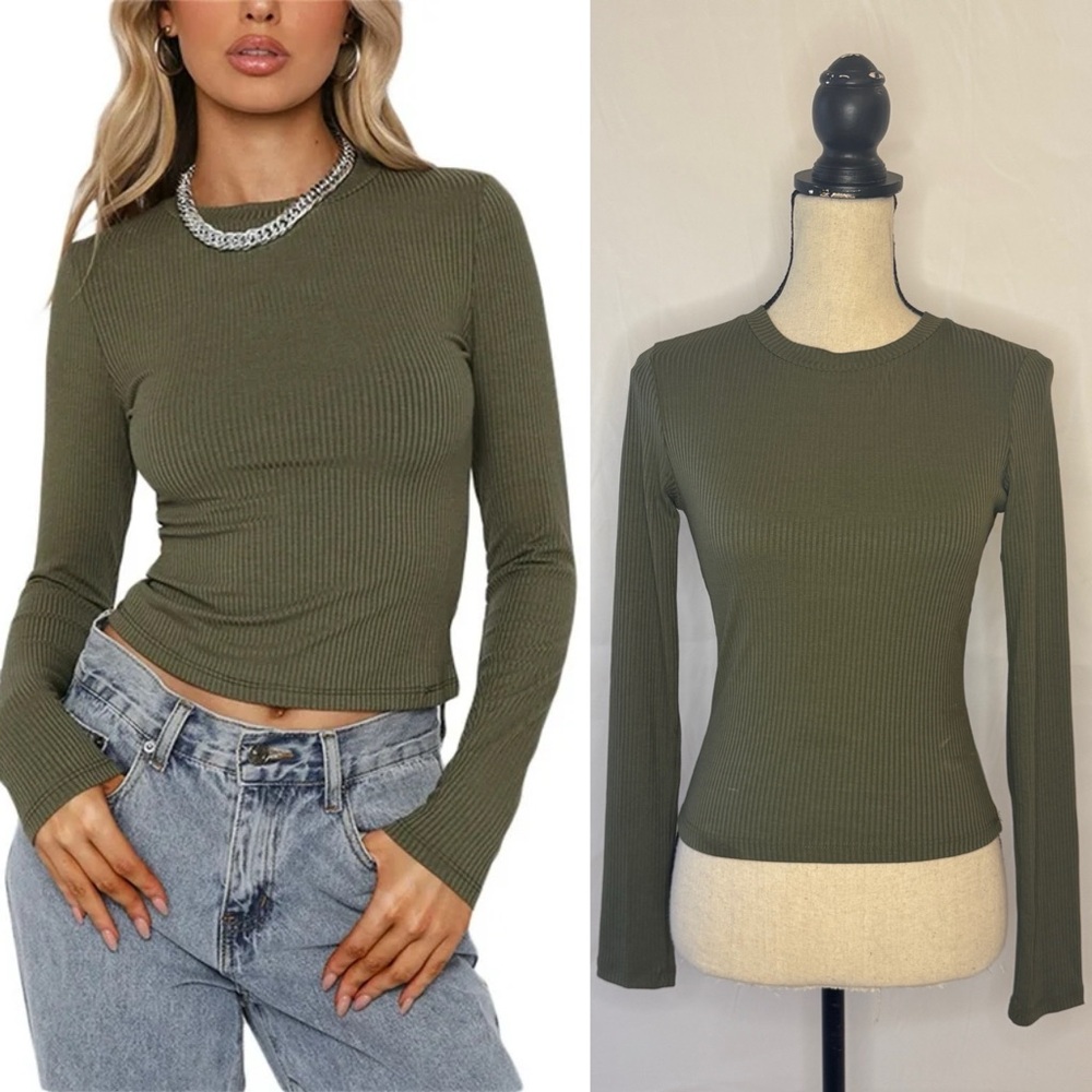 White Fox Counting Down Long Sleeve Ribbed Top Khaki